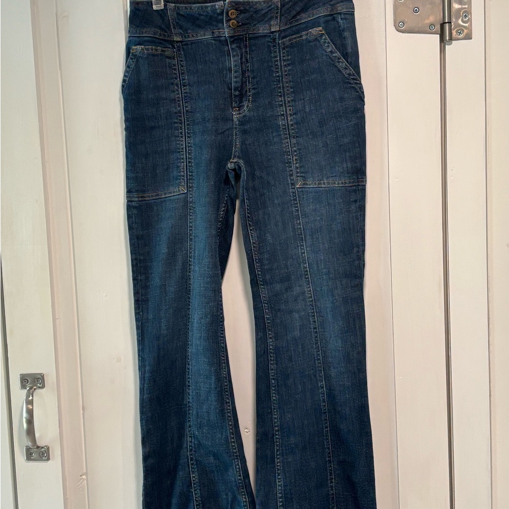 LAST CALL EVERYTHING GOING Pilcro and the Letterpress Dark Blue Flare Jeans